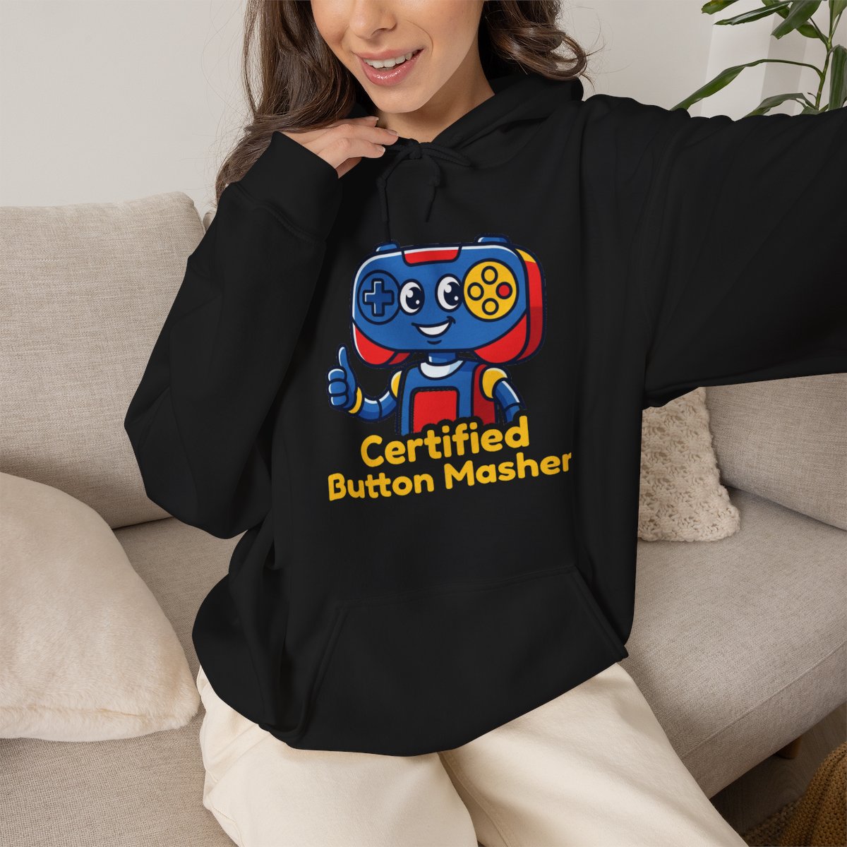 Certified Button Masher Hoodie | Funny Gamer Cartoon Mascot