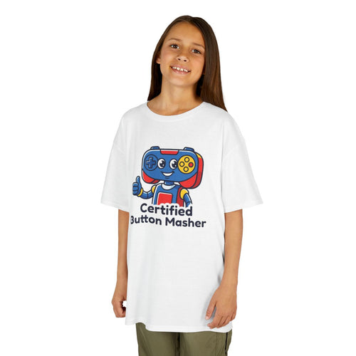 Certified Button Masher Kids Tee | Funny Gamer Cartoon Shirt