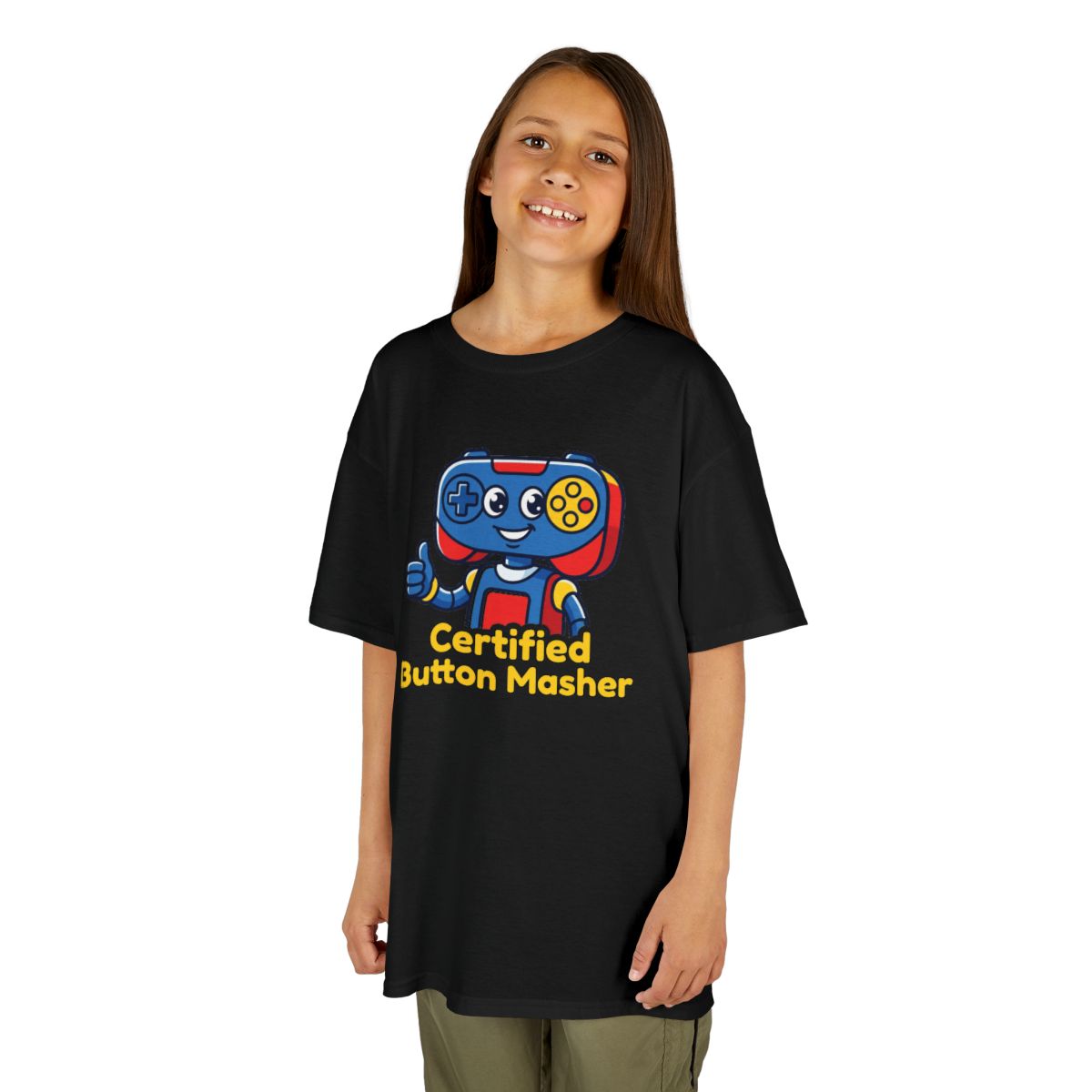 Certified Button Masher Kids Tee | Funny Gamer Cartoon Shirt