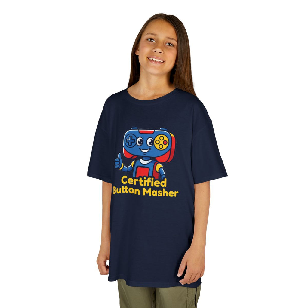 Certified Button Masher Kids Tee | Funny Gamer Cartoon Shirt