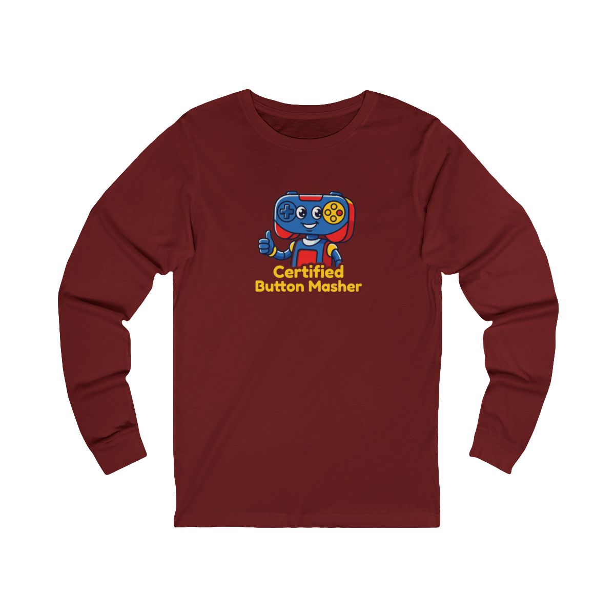 Certified Button Masher Long Sleeve Tee | Funny Gamer Cartoon Mascot Shirt