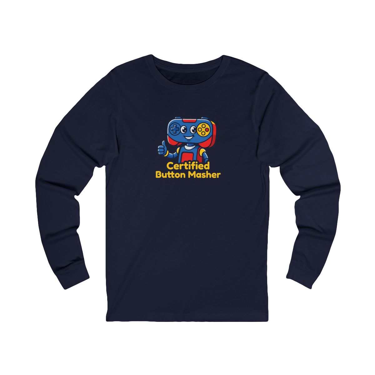 Certified Button Masher Long Sleeve Tee | Funny Gamer Cartoon Mascot Shirt