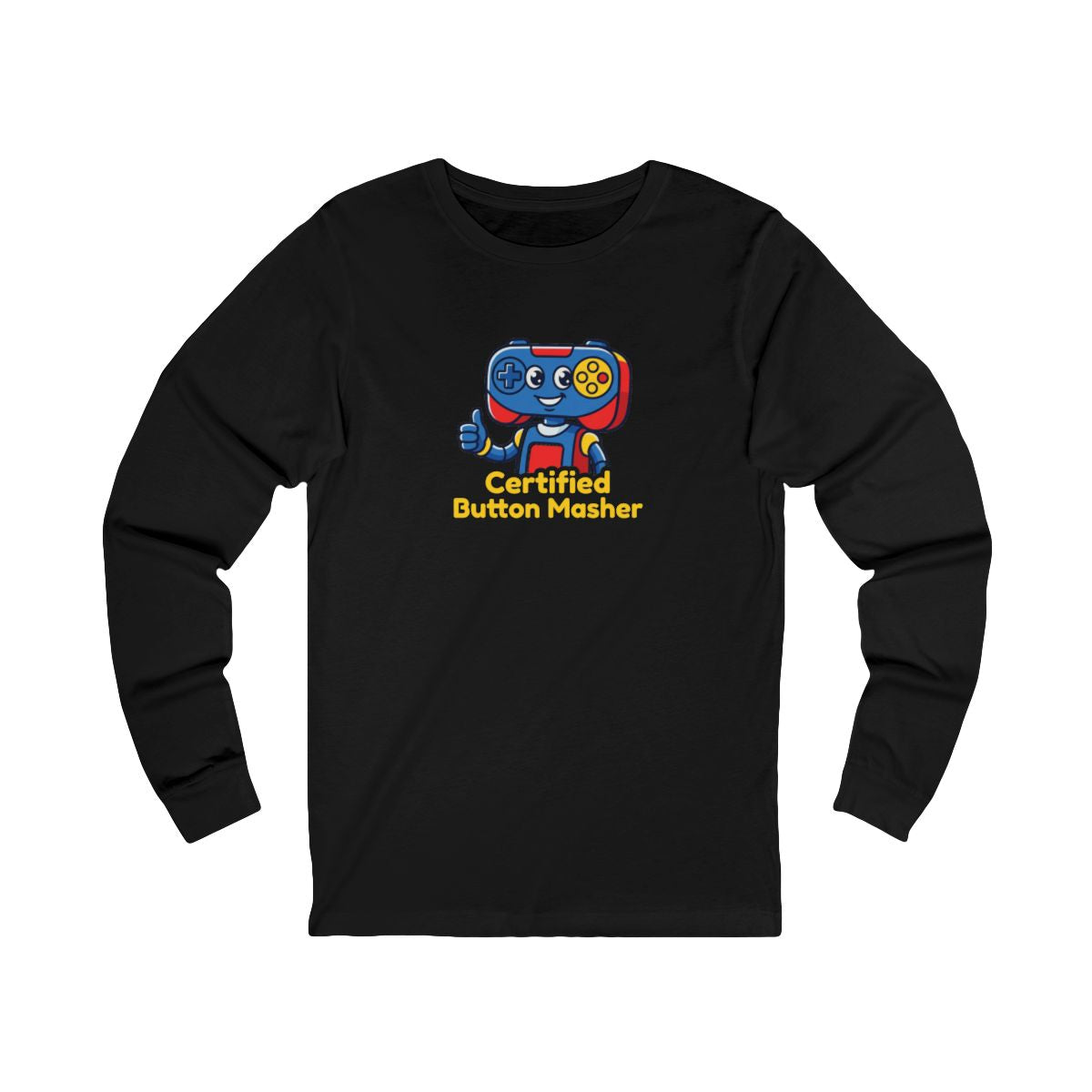 Certified Button Masher Long Sleeve Tee | Funny Gamer Cartoon Mascot Shirt