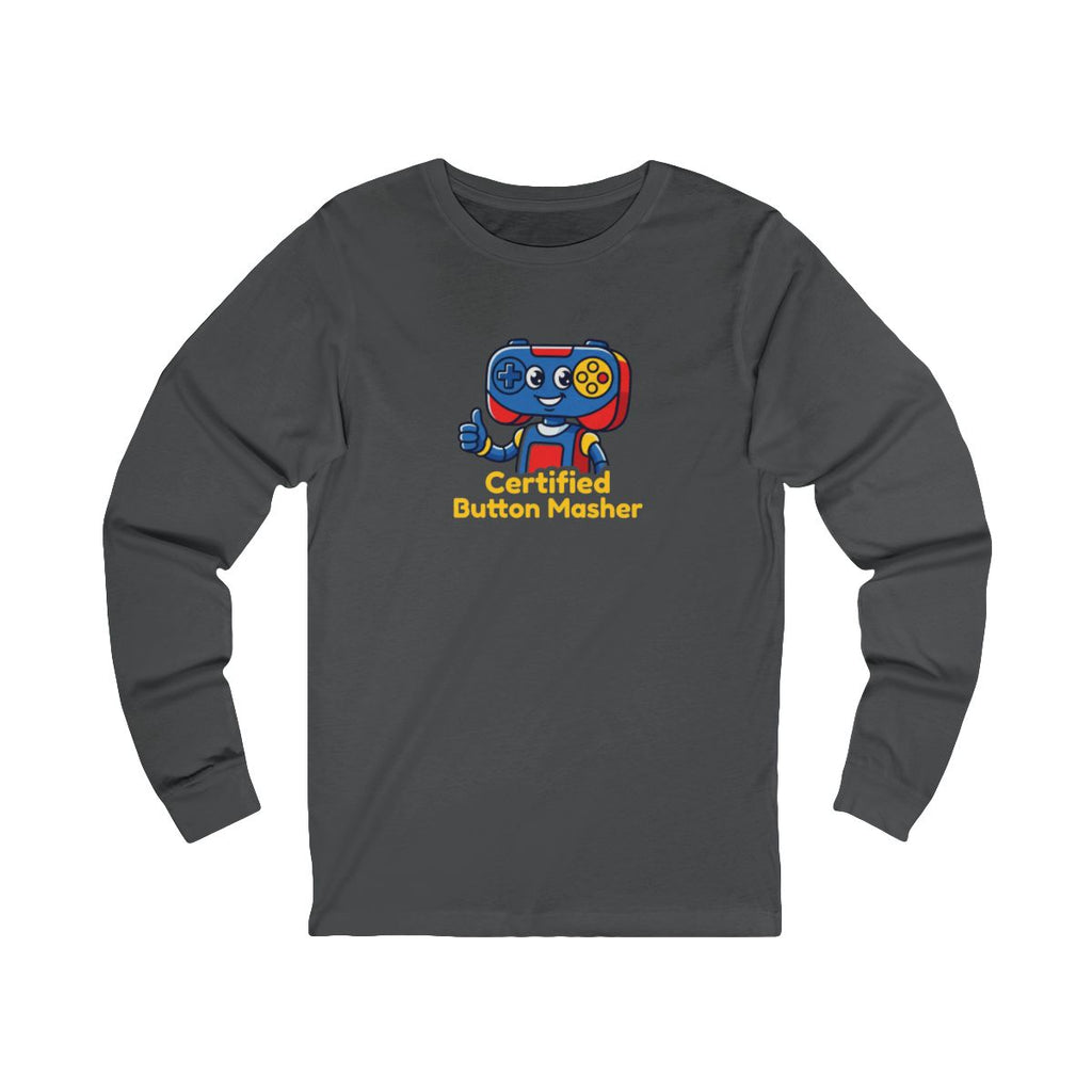 Certified Button Masher Long Sleeve Tee | Funny Gamer Cartoon Mascot Shirt