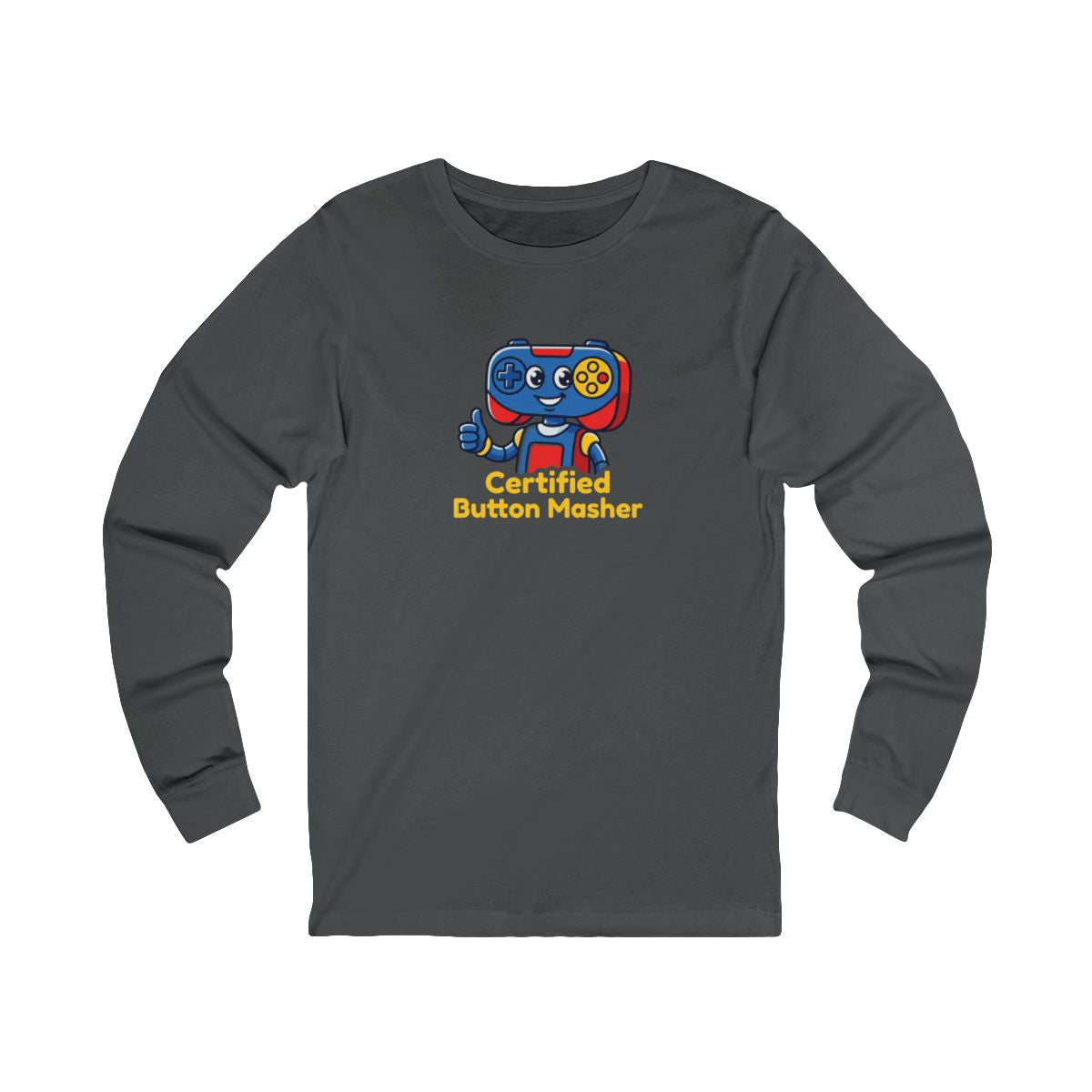 Certified Button Masher Long Sleeve Tee | Funny Gamer Cartoon Mascot Shirt