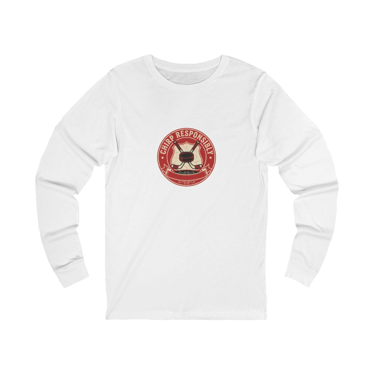 Chirp Responsibly Long Sleeve Tee | Funny Hockey Badge Shirt