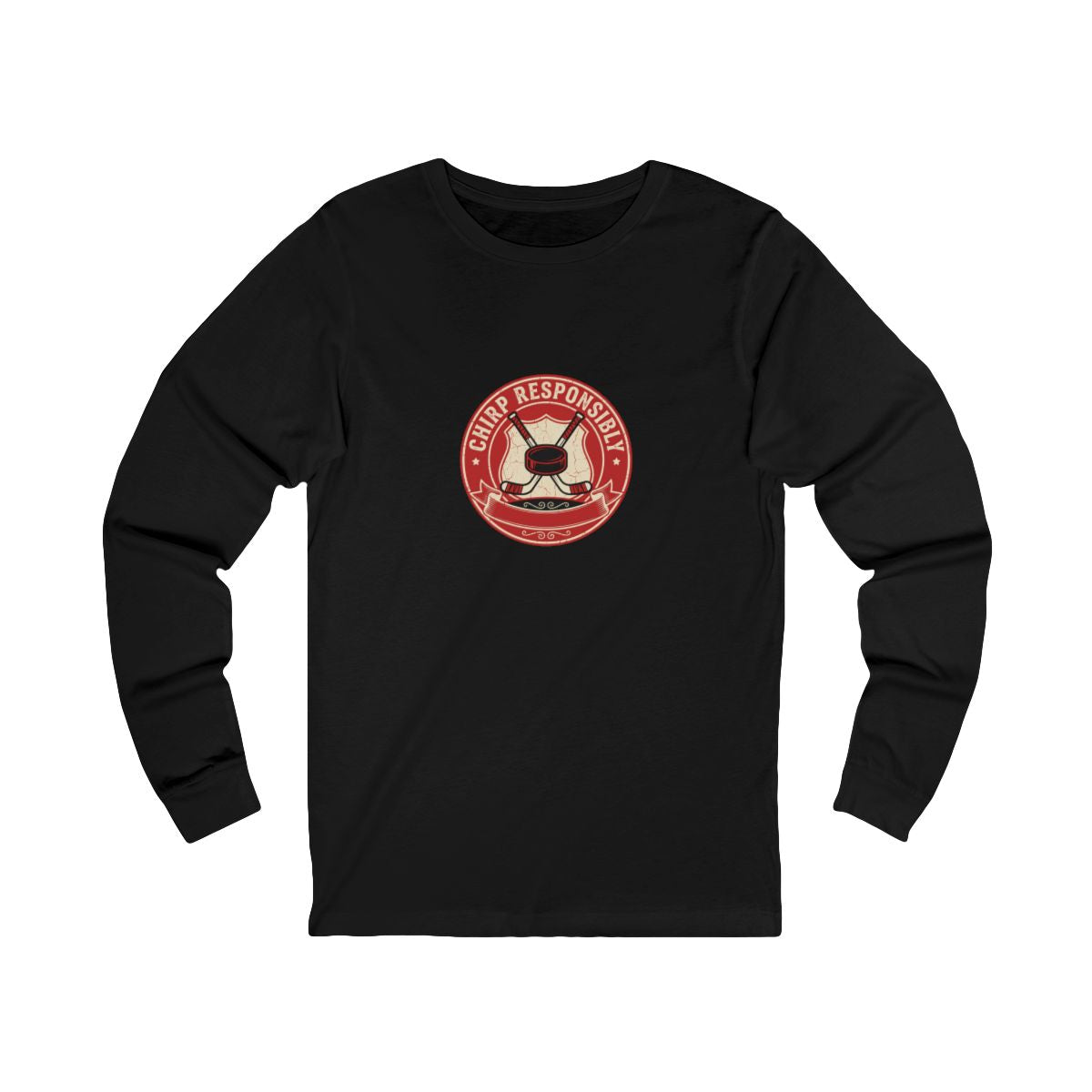 Chirp Responsibly Long Sleeve Tee | Funny Hockey Badge Shirt