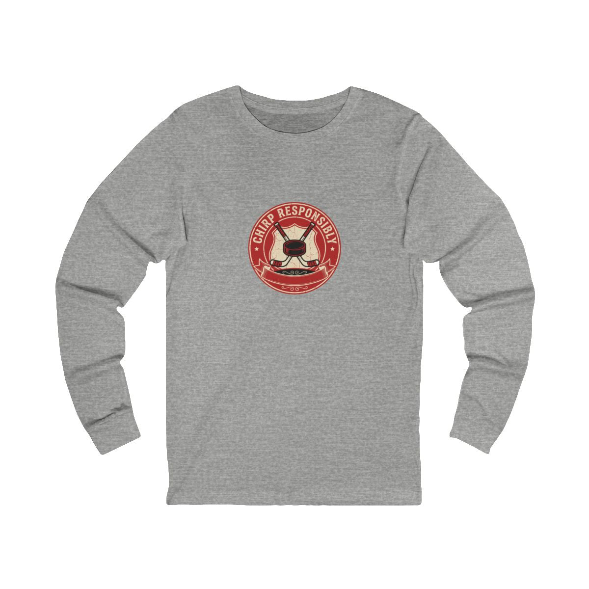 Chirp Responsibly Long Sleeve Tee | Funny Hockey Badge Shirt