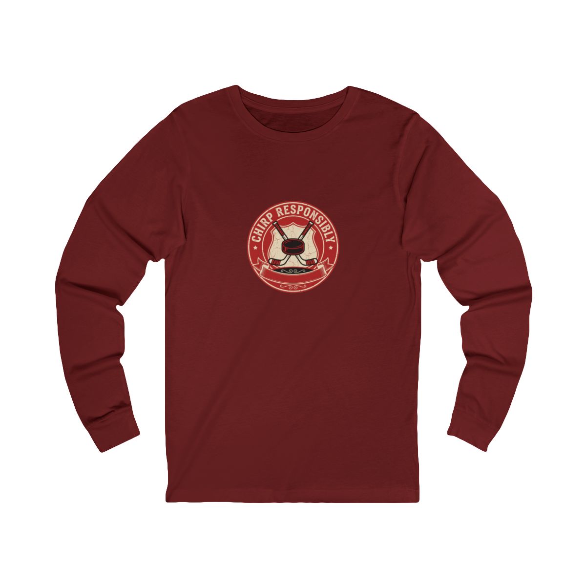 Chirp Responsibly Long Sleeve Tee | Funny Hockey Badge Shirt