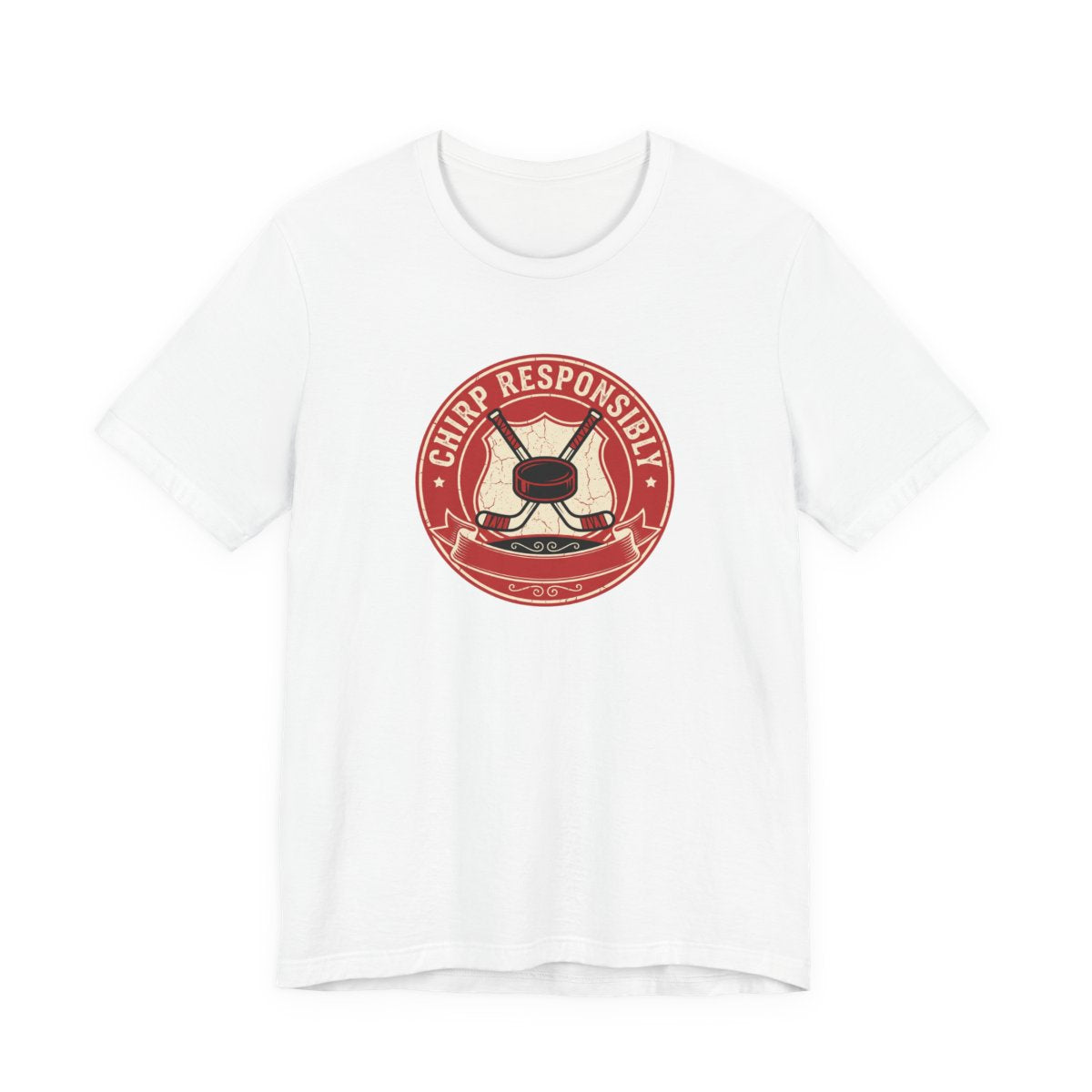 Chirp Responsibly Tee | Funny Hockey Badge Shirt