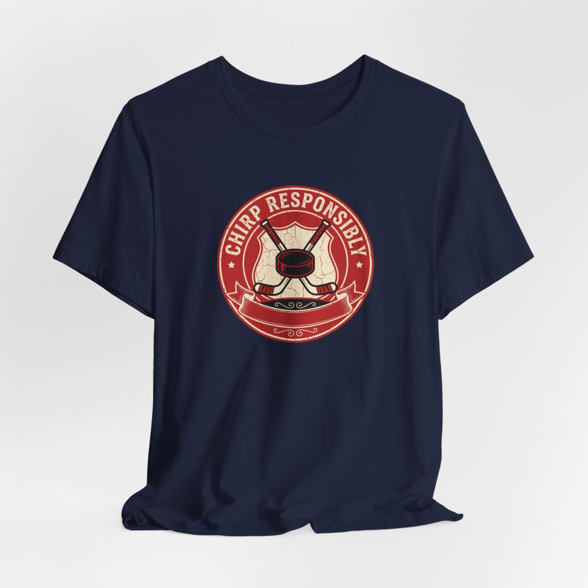 Chirp Responsibly Tee | Funny Hockey Badge Shirt