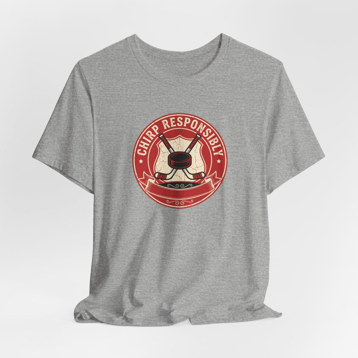 Chirp Responsibly Tee | Funny Hockey Badge Shirt