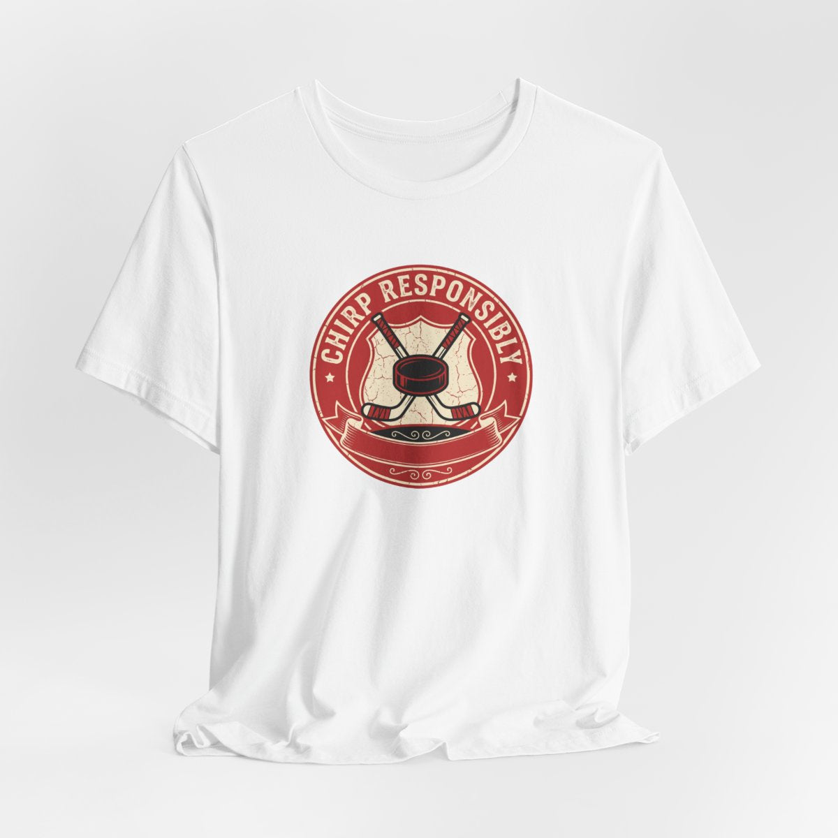 Chirp Responsibly Tee | Funny Hockey Badge Shirt