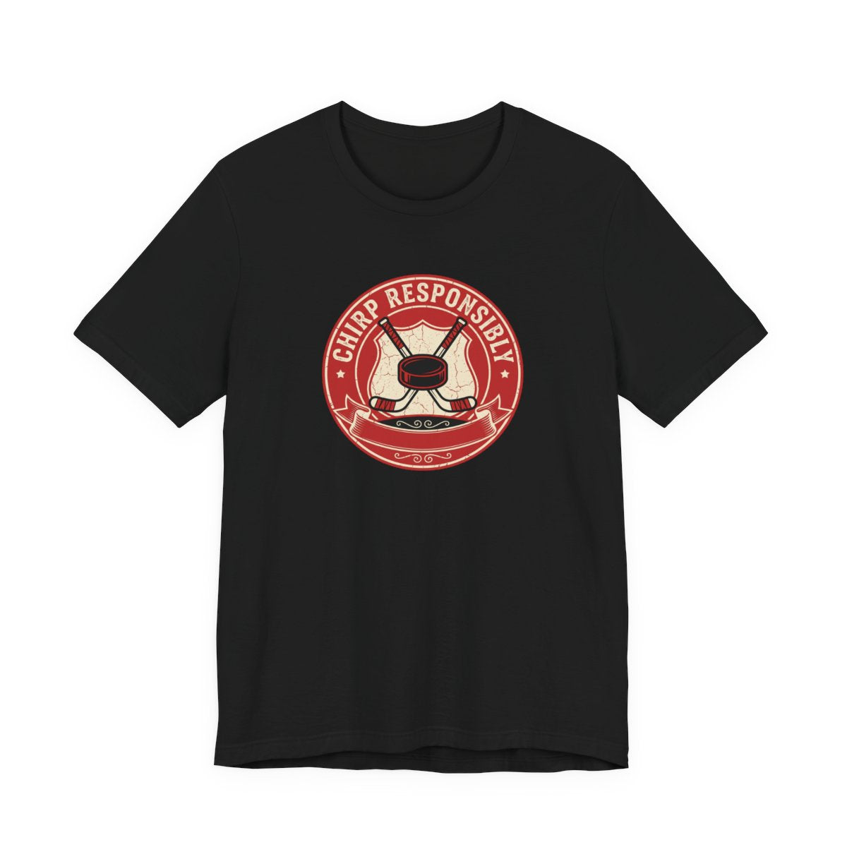 Chirp Responsibly Tee | Funny Hockey Badge Shirt
