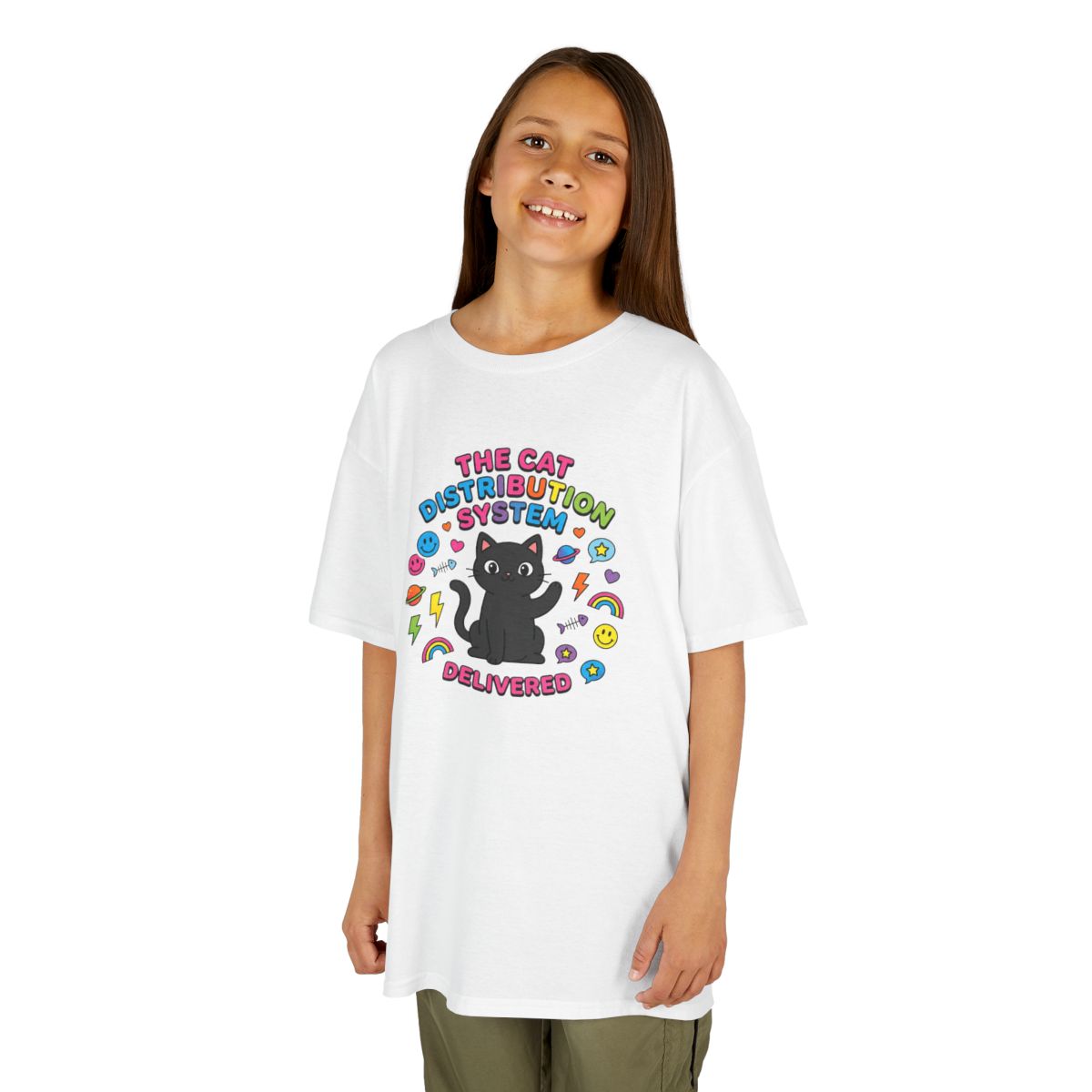 Kids Cat Distribution System Tee | Funny Youth Black Cat Lover Shirt
