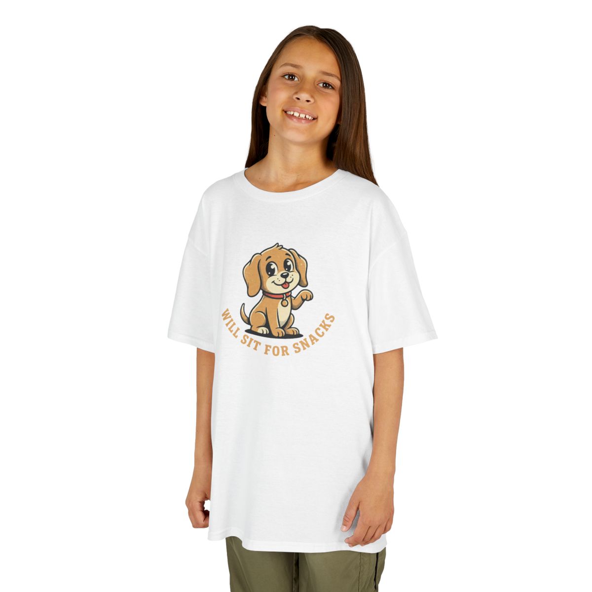 Will Sit For Snacks Kids Tee | Funny Youth Dog Graphic