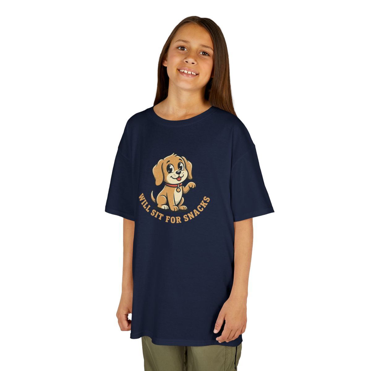 Will Sit For Snacks Kids Tee | Funny Youth Dog Graphic