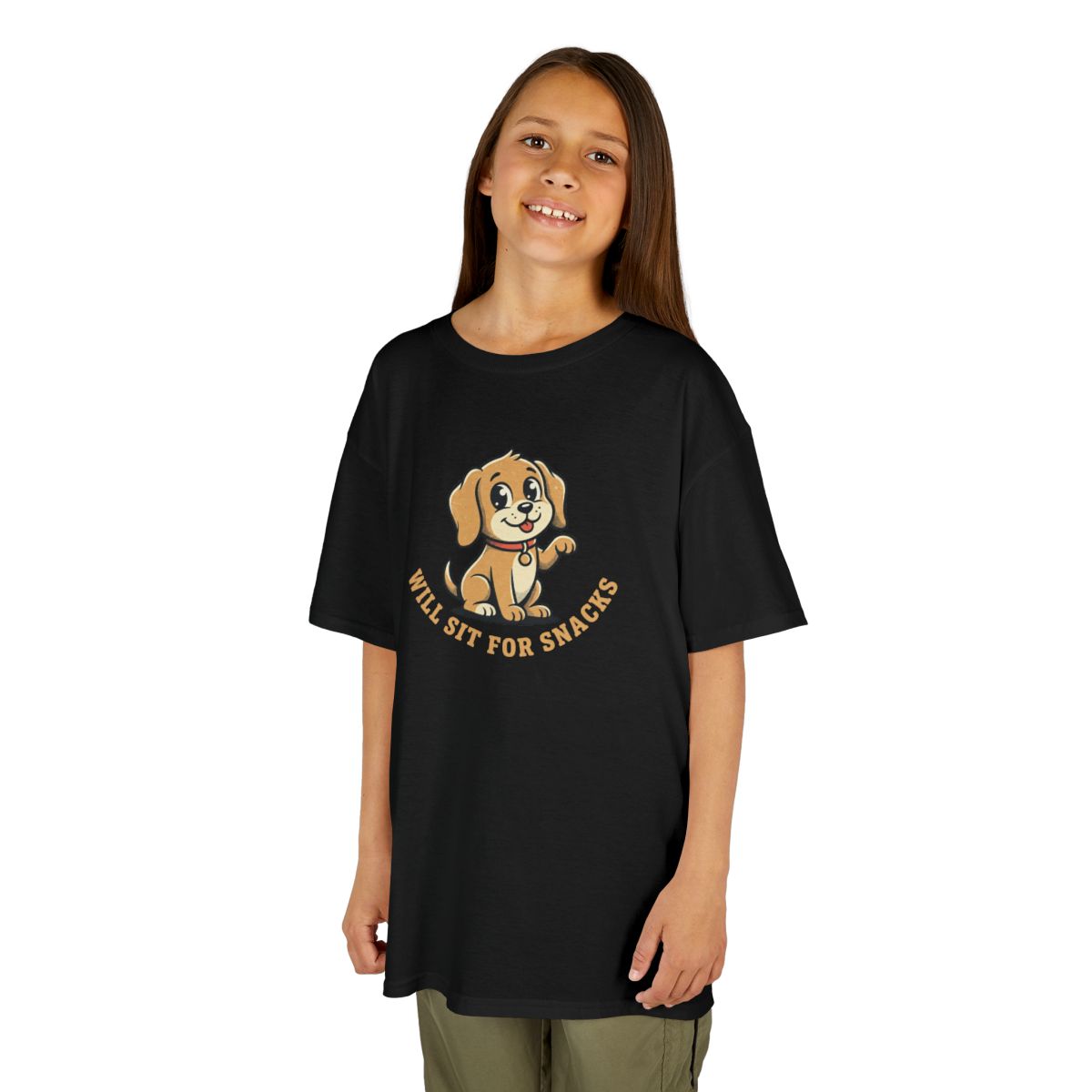 Will Sit For Snacks Kids Tee | Funny Youth Dog Graphic